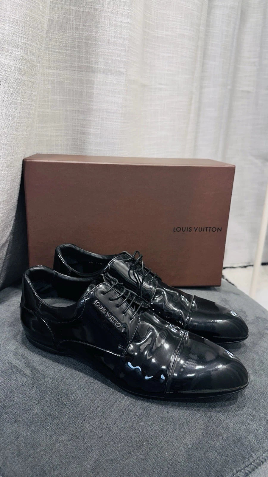 AU 10.5 Louis Vuitton Men’s Black Patent Leather Cap Toe Lace Up Oxford