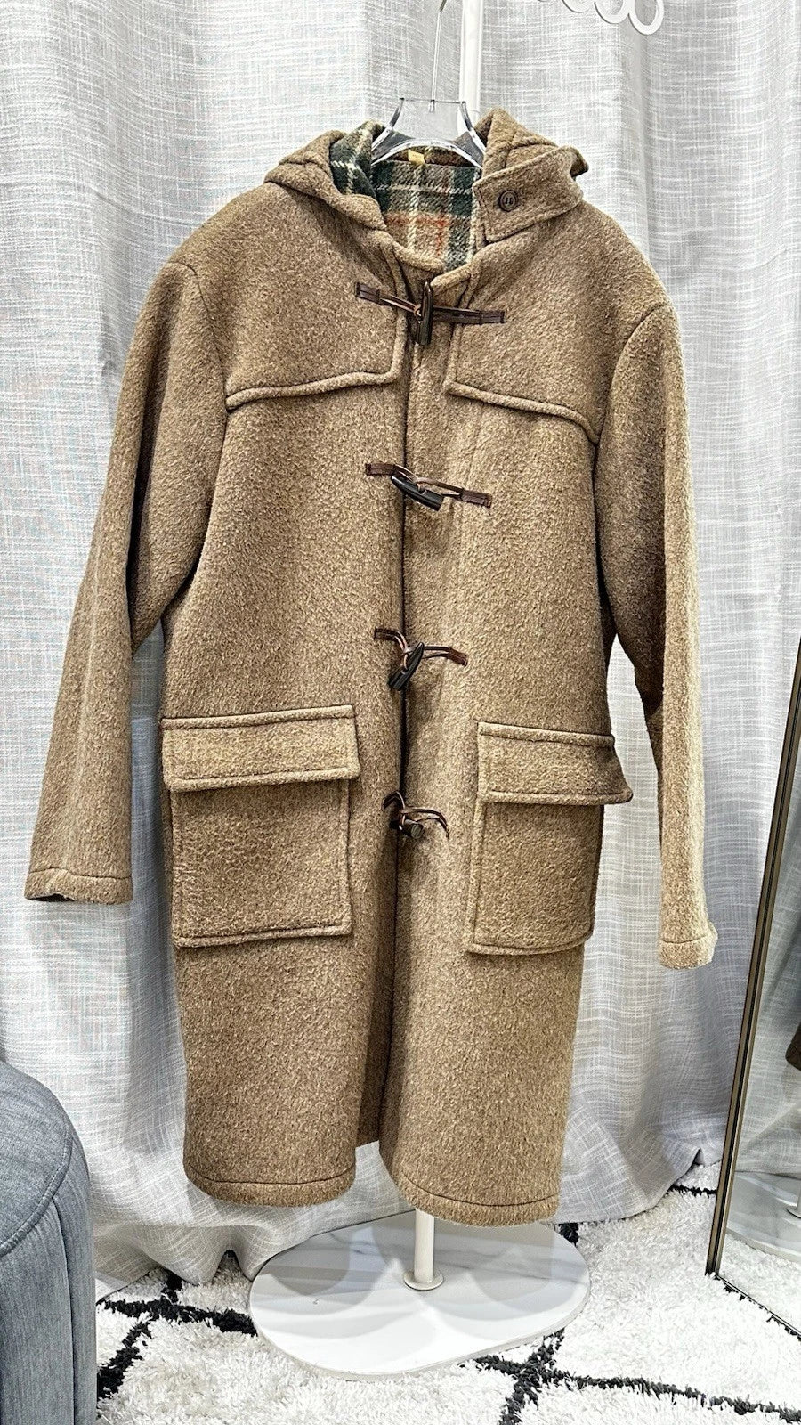 Size L Foster Men Brown Wool Duffle Coat Hooded Toggle Lined Long