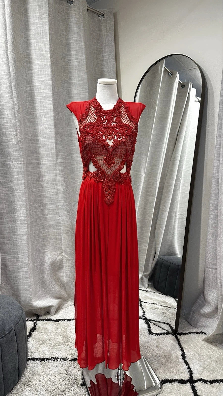 Size 6 Thurley Red Maxi Dress Lace Bodice Sheer Beaded Crew Neck Zip Long