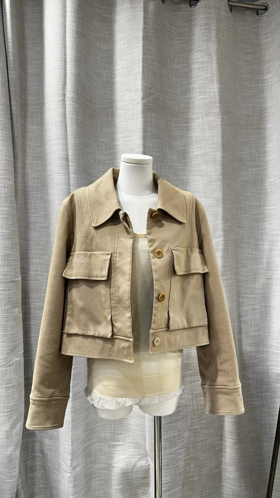 Size 42/Size M COS Beige Twill Cropped Button Front Jacket With Pockets