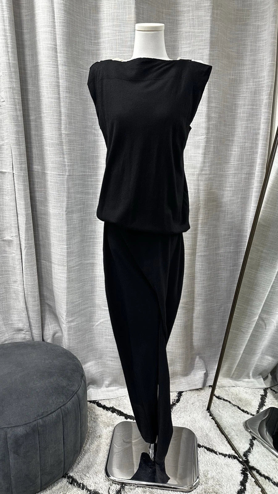 Size 10 Bottega Veneta Black Wool Knit Sleeveless Jumpsuit Boat Neck Adjustable Straps