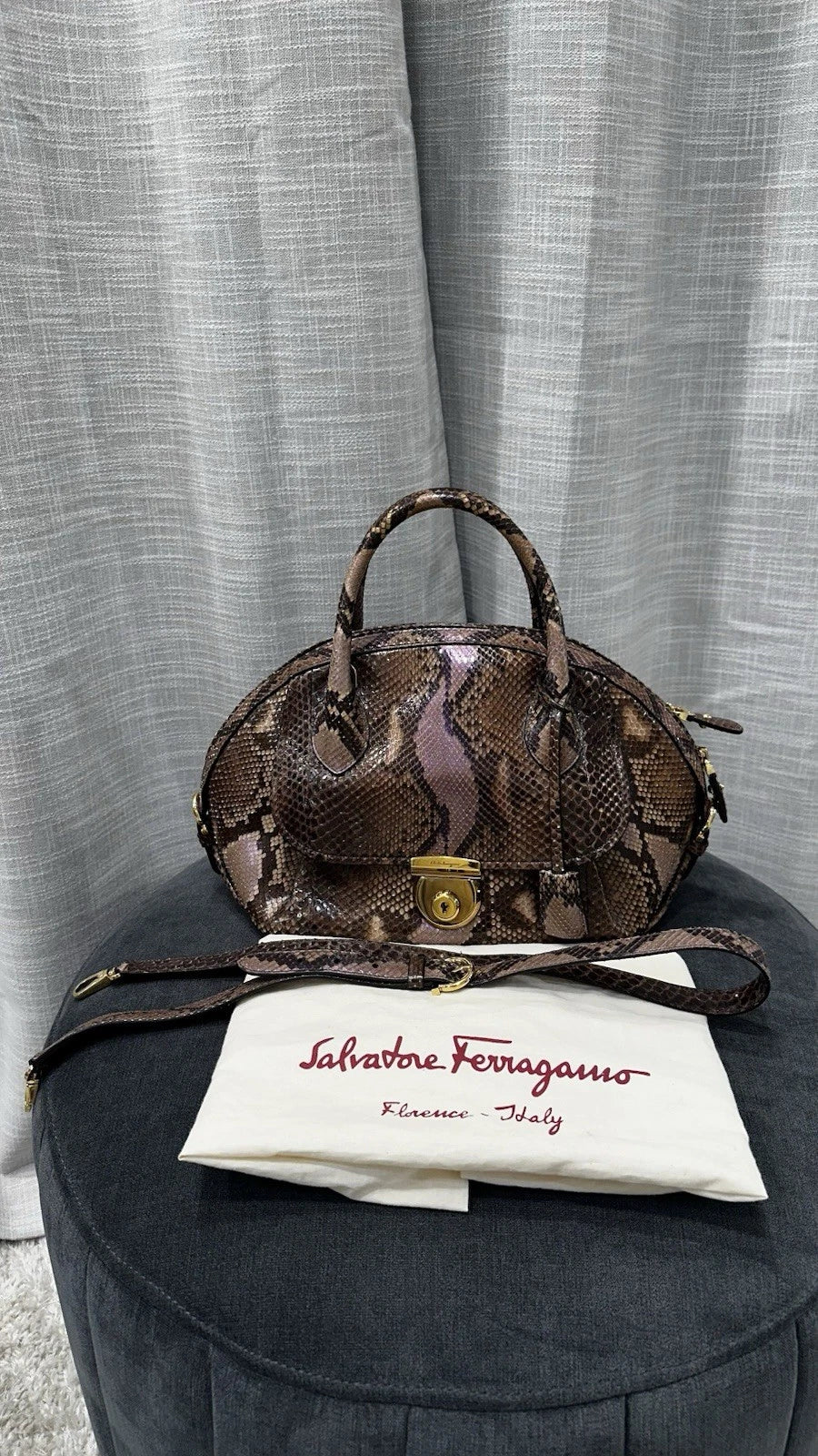 Salvatore Ferragamo Snakeskin Satchel Top Handle Bag with Strap & Dust Bag
