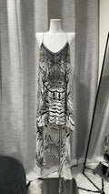 Camilla XS 100% Silk Animal Print Beaded Strappy V-Neck Midi Slip Dress
