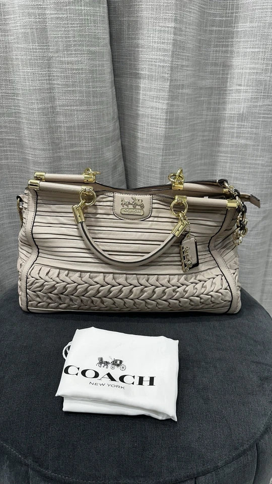 Coach Madison Caroline Pleated Leather Satchel in Soft Beige Color w Gold HW