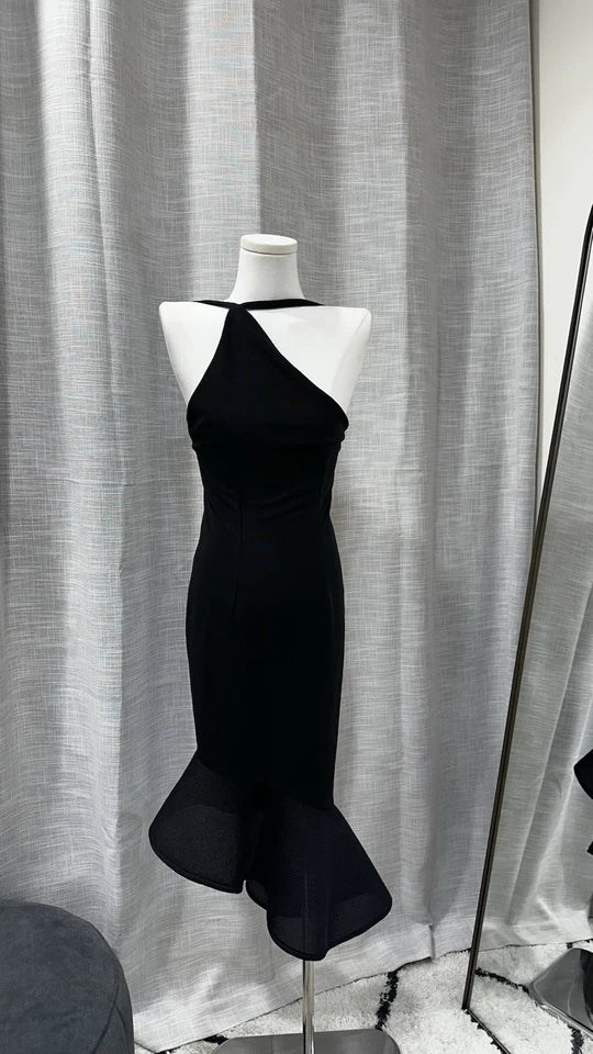 Size XS Premonition Black Halter Mesh Lined Bodycon Midi Dress Zip